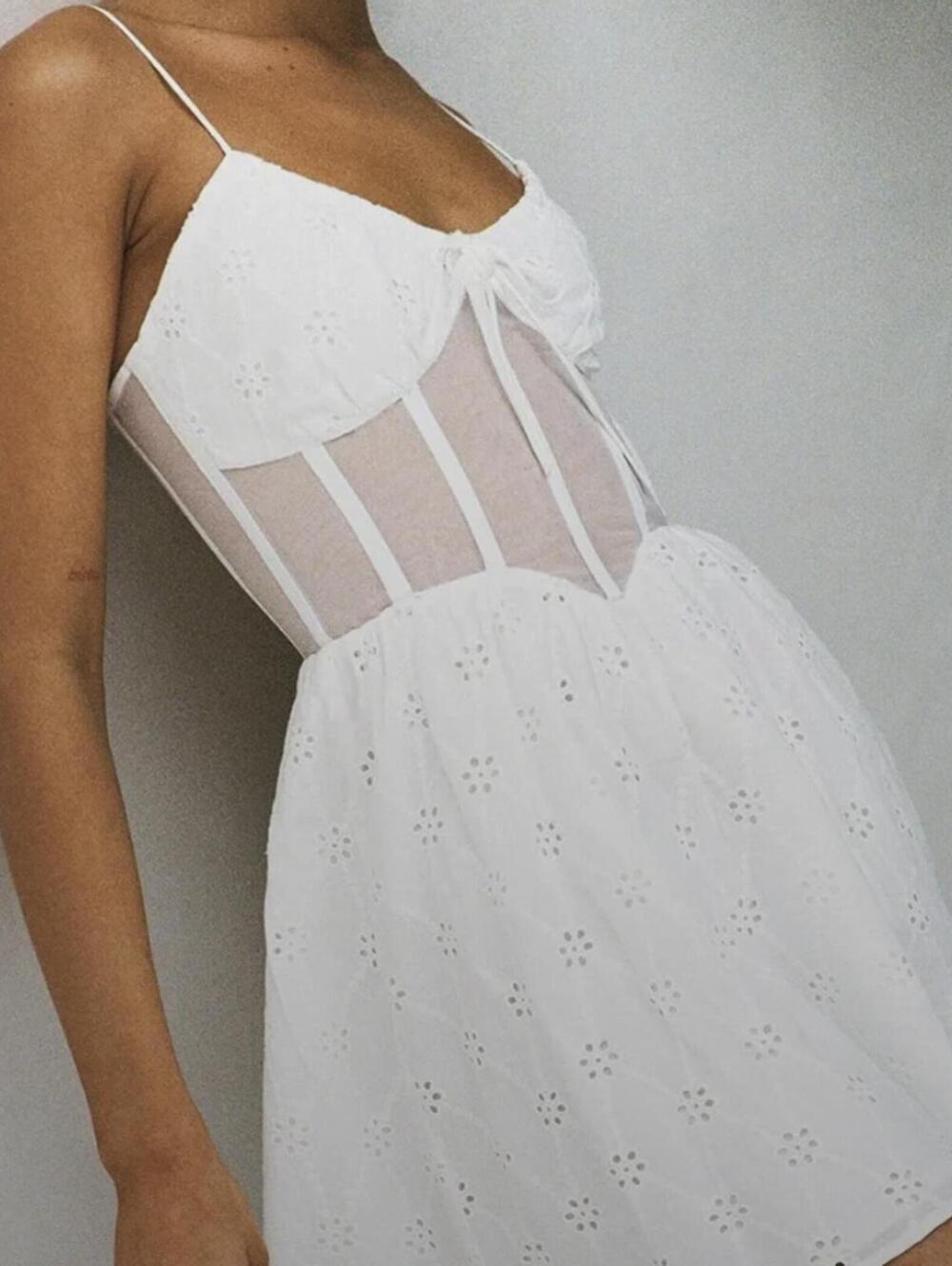 Sabo White Salita Eyelet and Mesh Corset Mini Dress - Size - 8